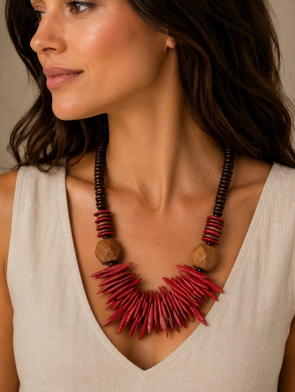 Vtg Horn Wood Beaded Tribal Warrior Avant Garde Festival Unisex Necklace - Picture 1 of 9